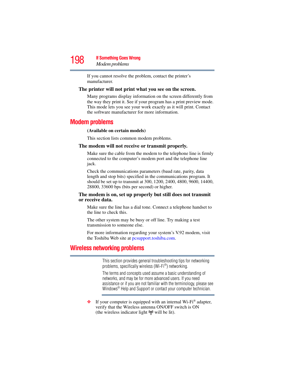 Modem problems, Wireless networking problems, Modem problems wireless networking problems | Wireless | Toshiba SATELLITE A500 User Manual | Page 198 / 248