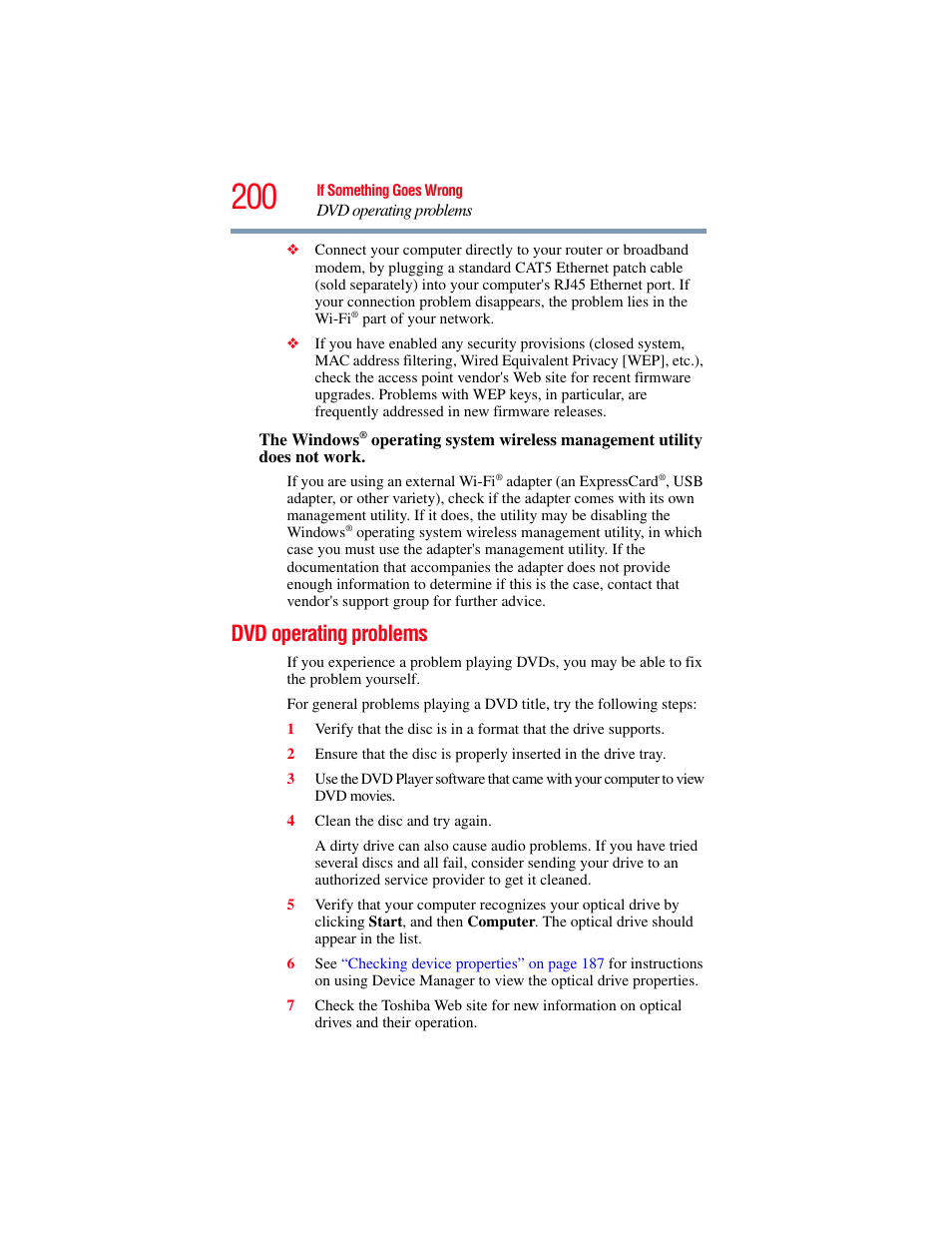 Dvd operating problems | Toshiba SATELLITE A500 User Manual | Page 200 / 248