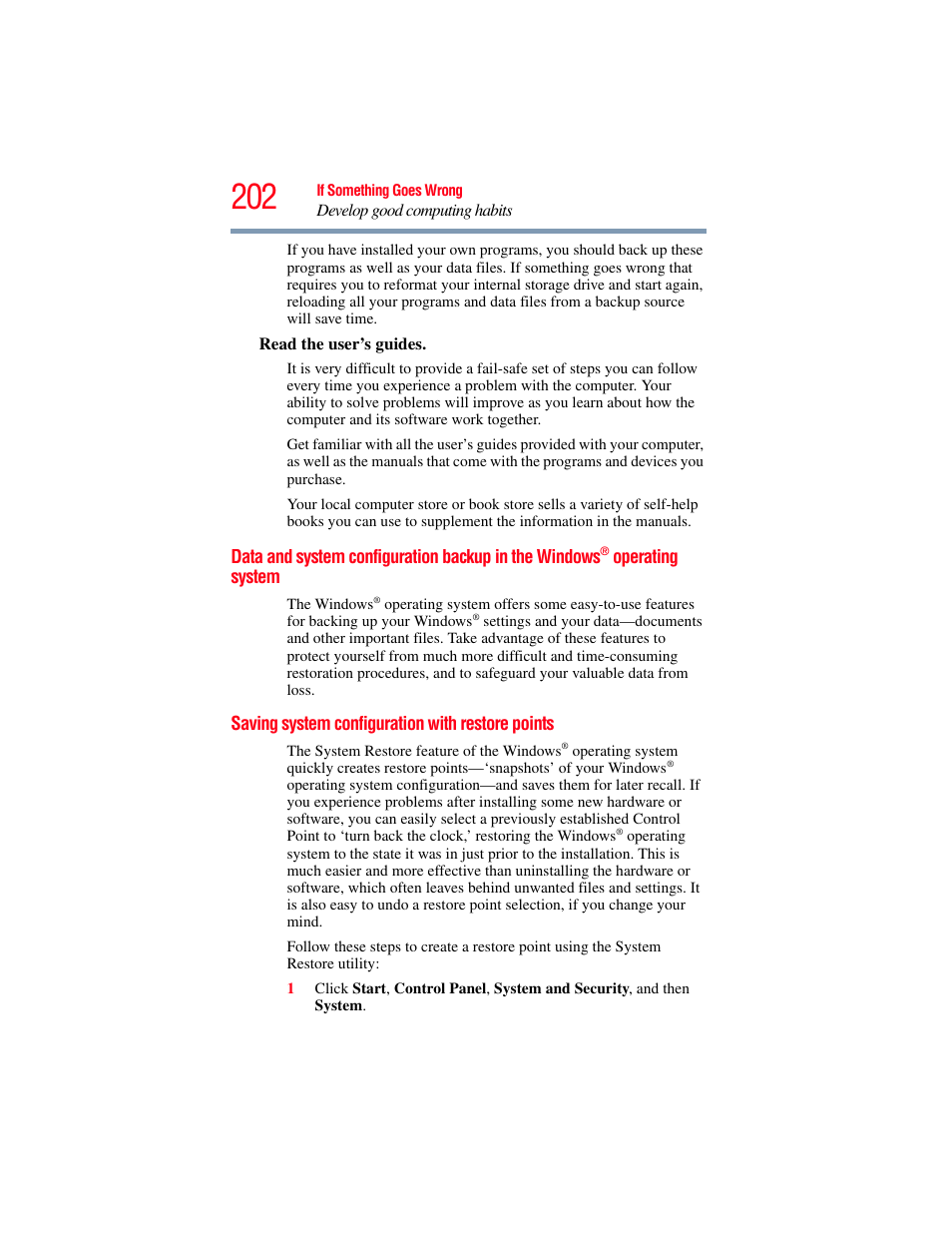 Saving system configuration with restore points, Data and system configuration backup in, The windows | Operating system, Saving system configuration with restore, Points | Toshiba SATELLITE A500 User Manual | Page 202 / 248