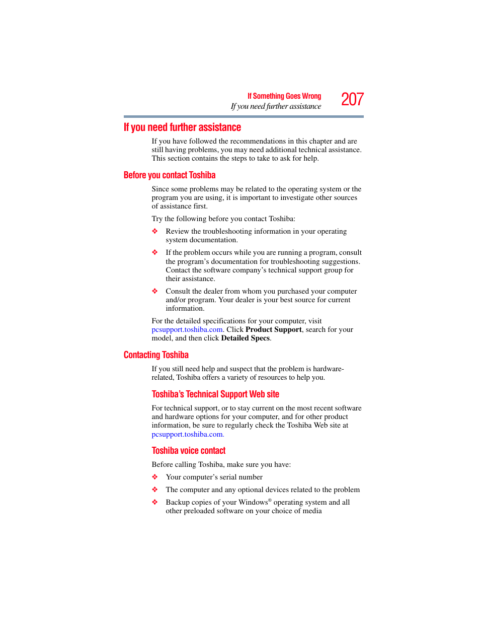 If you need further assistance, Before you contact toshiba, Contacting toshiba | Before you contact toshiba contacting toshiba | Toshiba SATELLITE A500 User Manual | Page 207 / 248