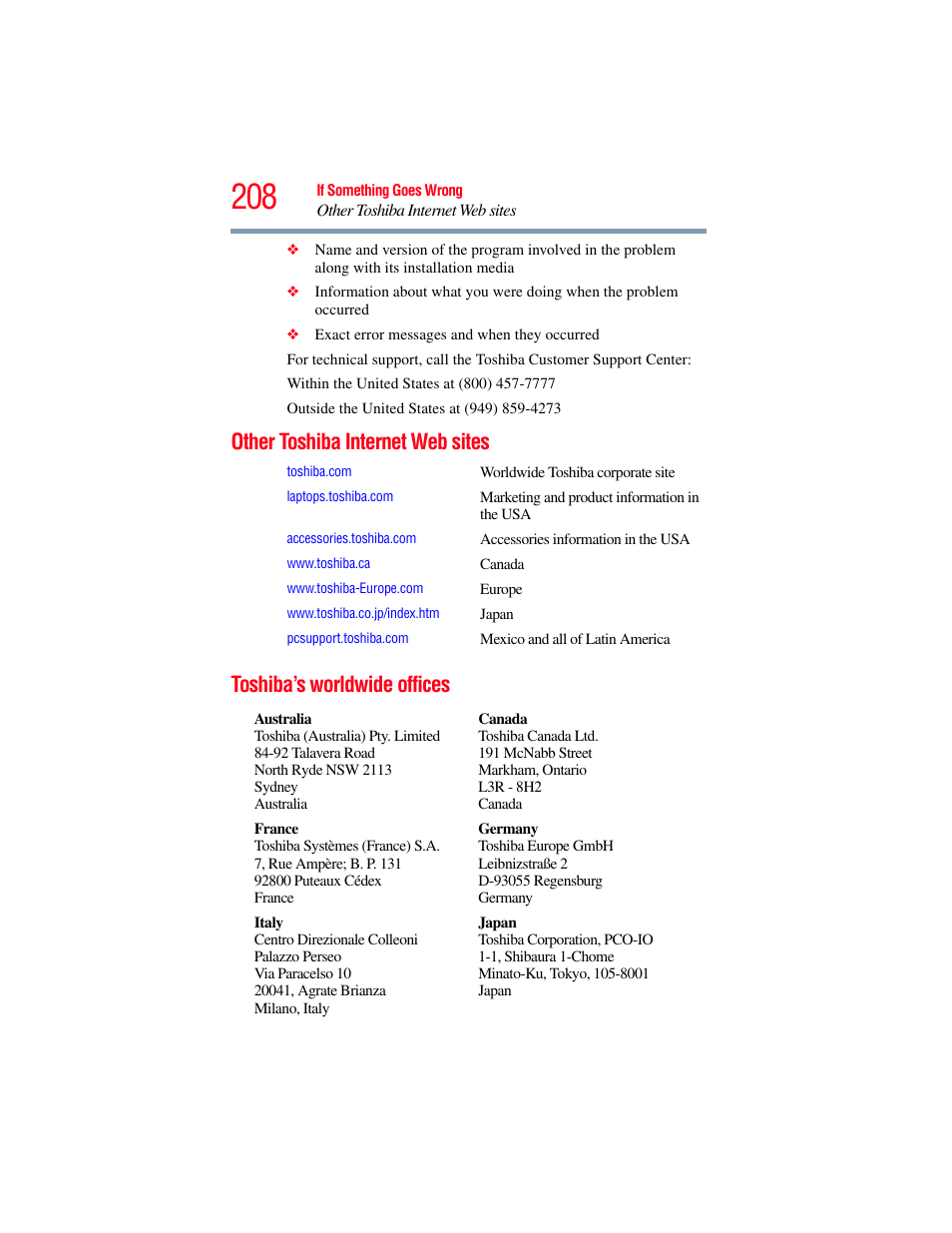 Other toshiba internet web sites, Toshiba’s worldwide offices | Toshiba SATELLITE A500 User Manual | Page 208 / 248