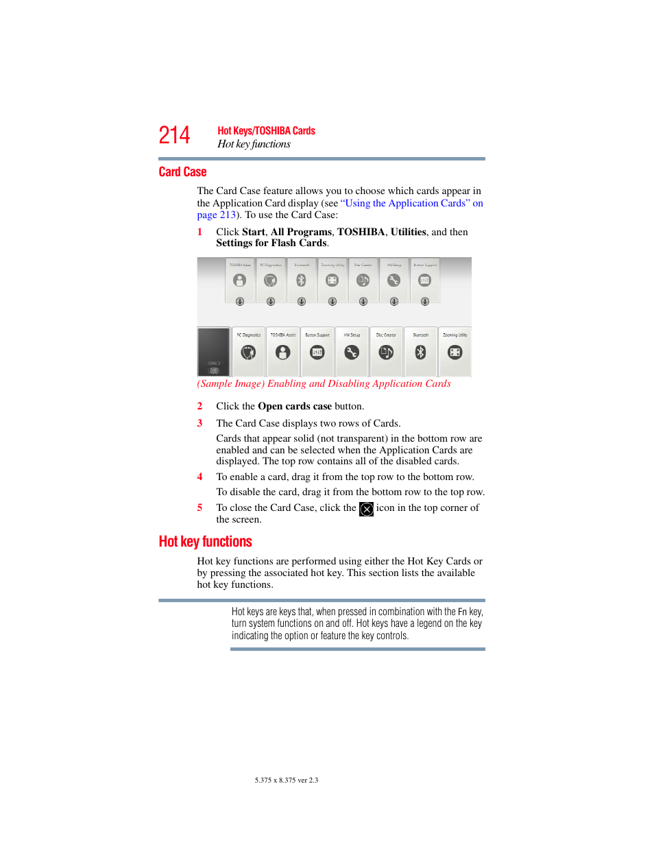 Card case, Hot key functions | Toshiba SATELLITE A500 User Manual | Page 214 / 248