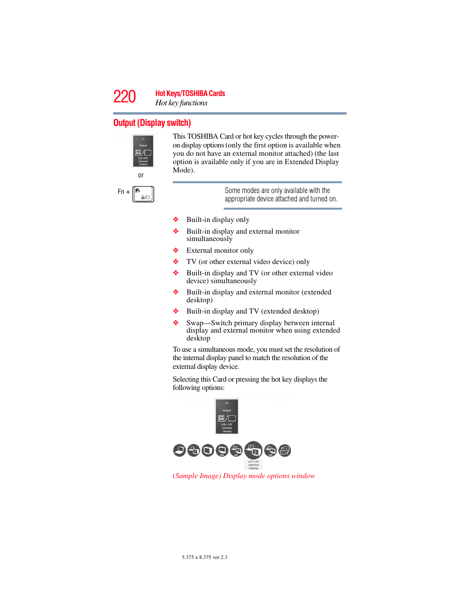 Output (display switch) | Toshiba SATELLITE A500 User Manual | Page 220 / 248