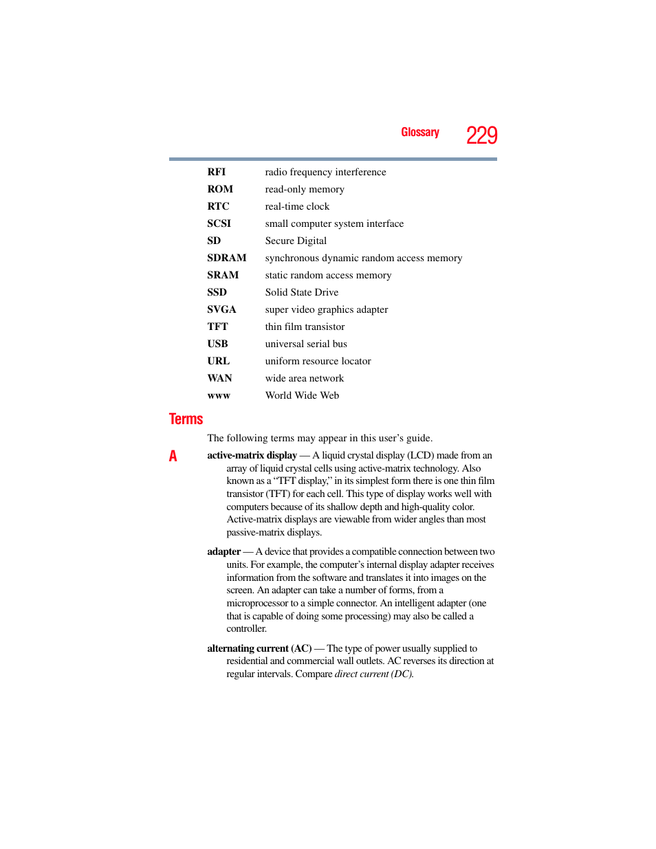 Terms | Toshiba SATELLITE A500 User Manual | Page 229 / 248