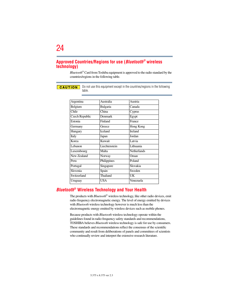 Approved countries/regions for use ( bluetooth, Wireless technology), Bluetooth | Wireless technology and your health | Toshiba SATELLITE A500 User Manual | Page 24 / 248