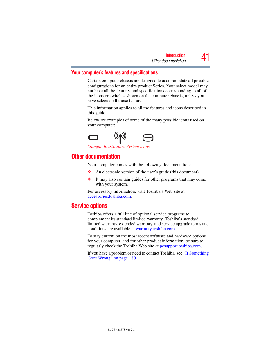 Your computer’s features and specifications, Other documentation, Service options | Other documentation service options | Toshiba SATELLITE A500 User Manual | Page 41 / 248