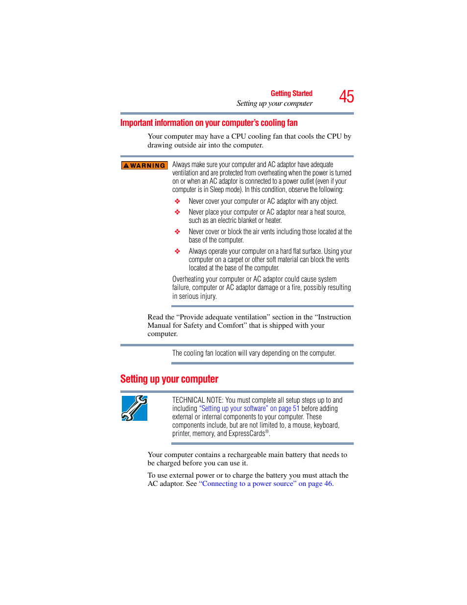 Setting up your computer, Important information on your computer’s, Cooling fan | Toshiba SATELLITE A500 User Manual | Page 45 / 248