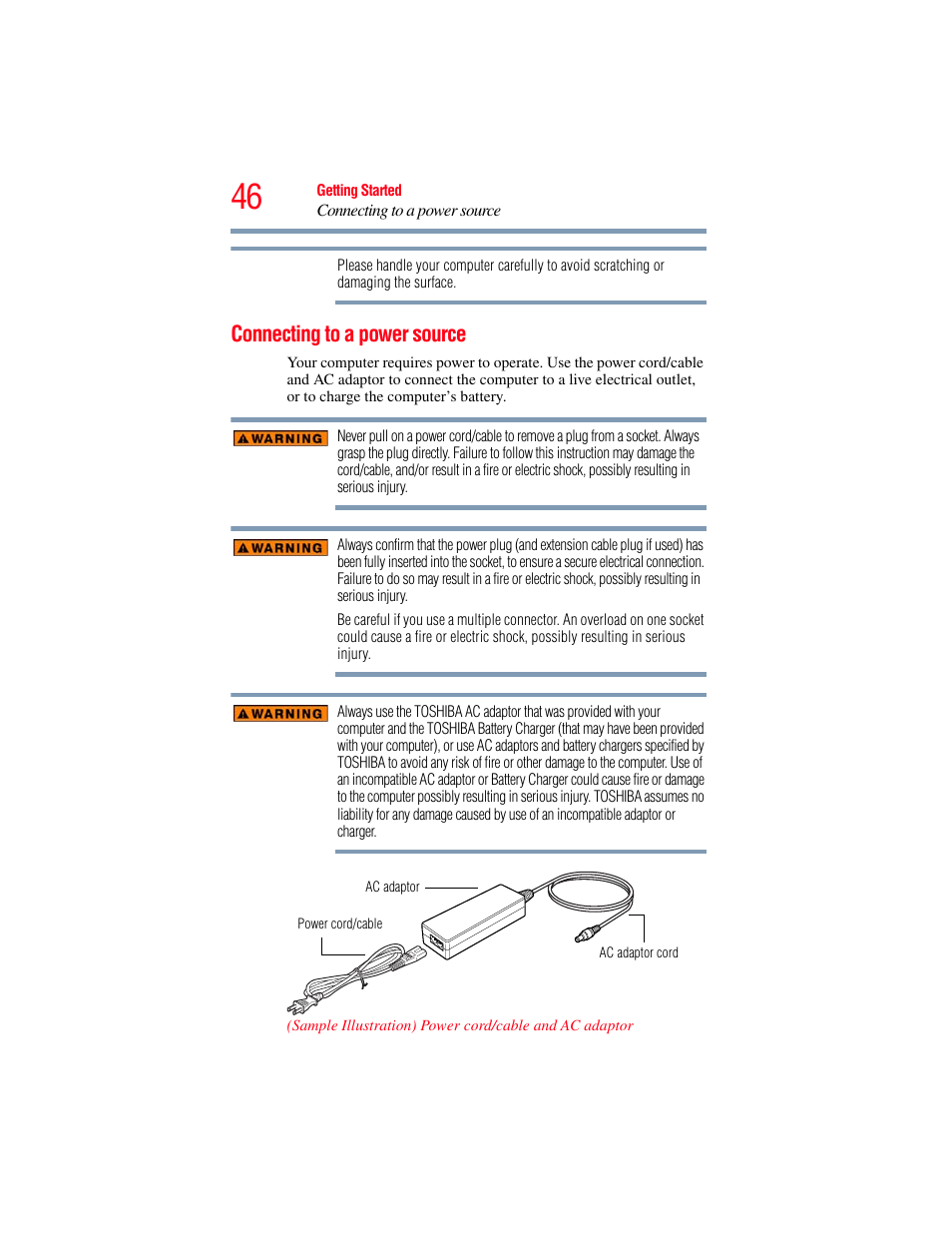 Connecting to a power source | Toshiba SATELLITE A500 User Manual | Page 46 / 248