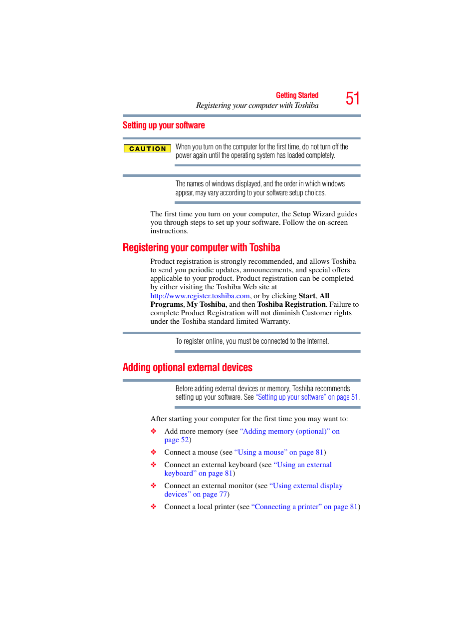 Setting up your software, Registering your computer with toshiba, Adding optional external devices | Toshiba SATELLITE A500 User Manual | Page 51 / 248