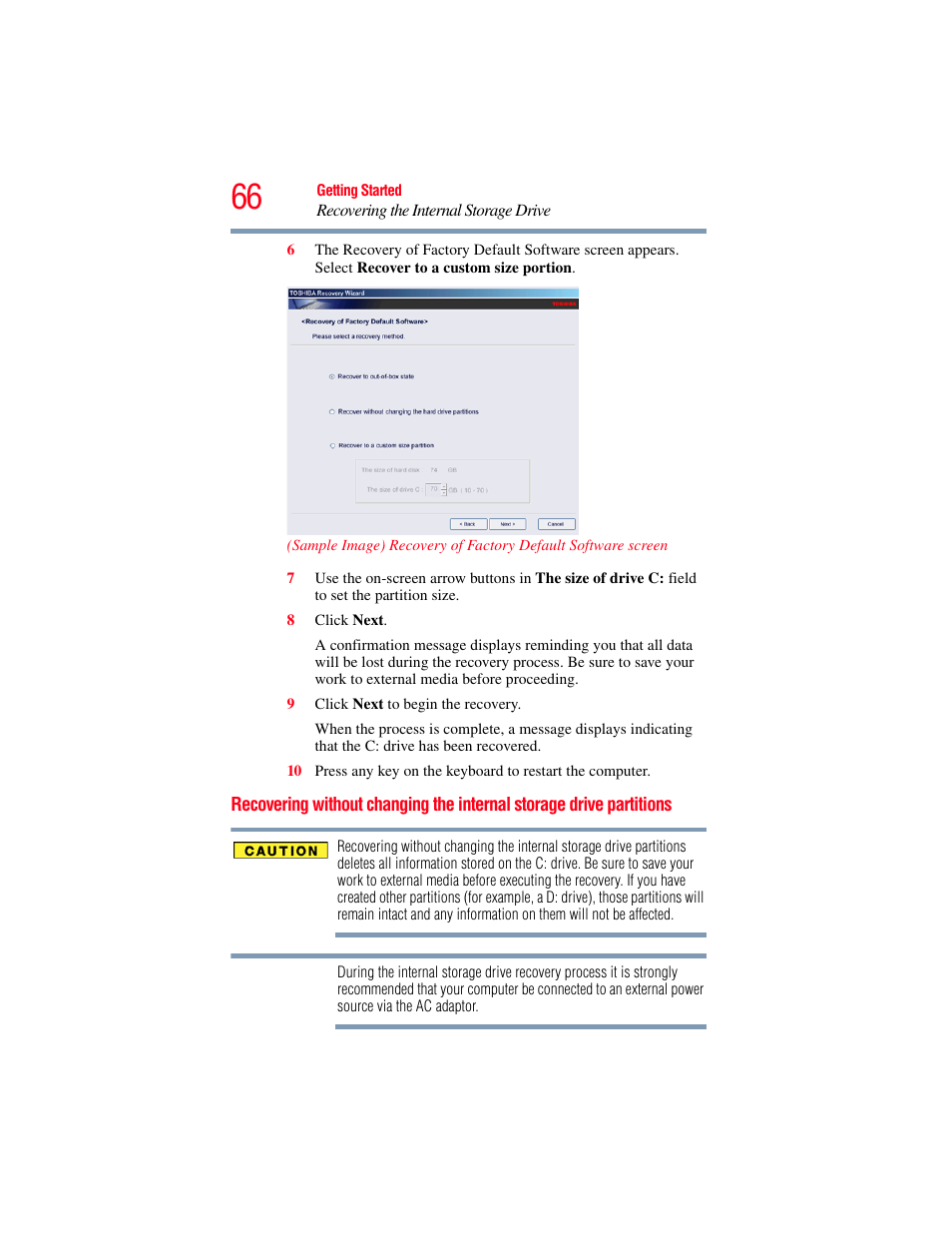 Recovering without changing the internal, Storage drive partitions, Recovering without changing the internal storage | Toshiba SATELLITE A500 User Manual | Page 66 / 248