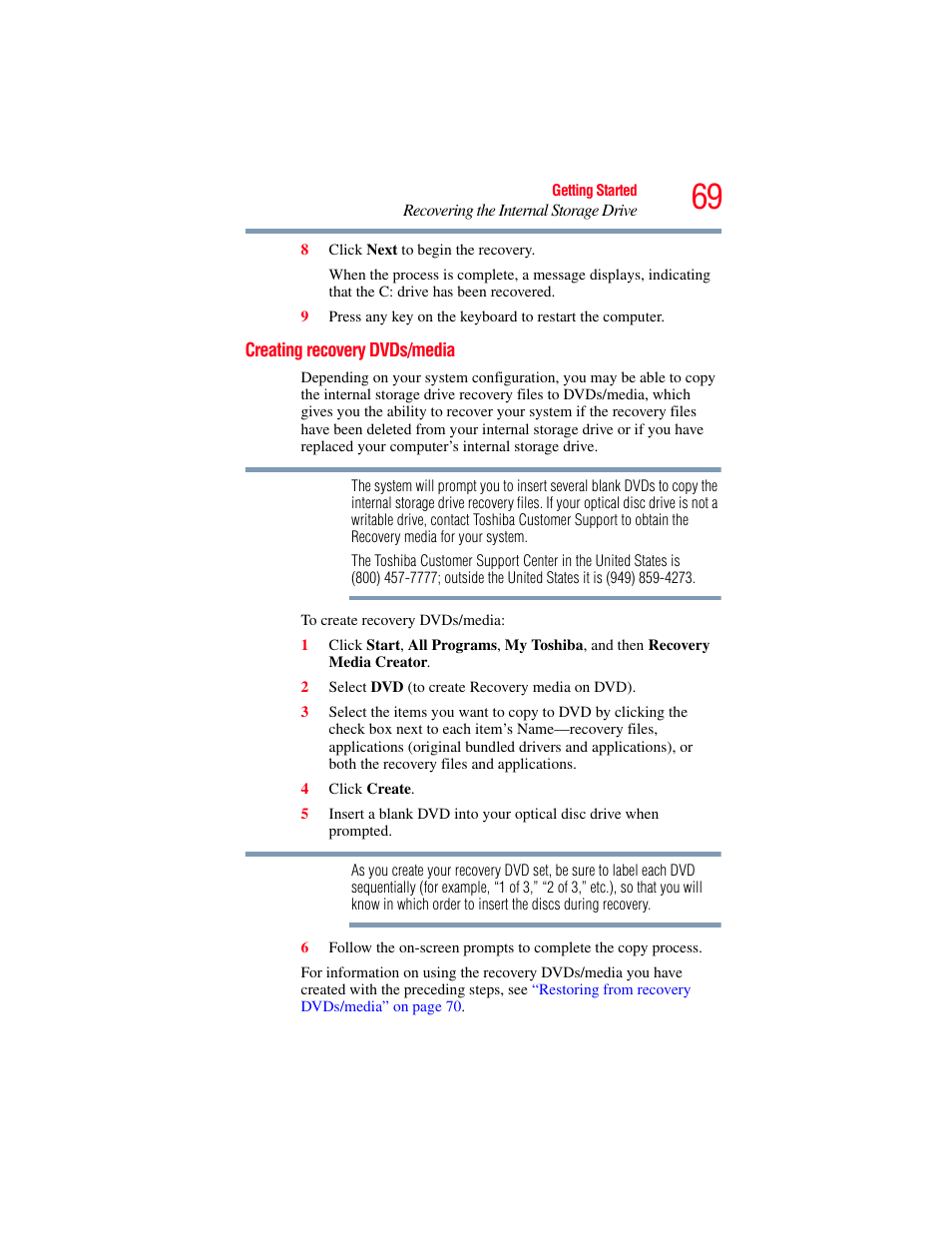 Creating recovery dvds/media | Toshiba SATELLITE A500 User Manual | Page 69 / 248