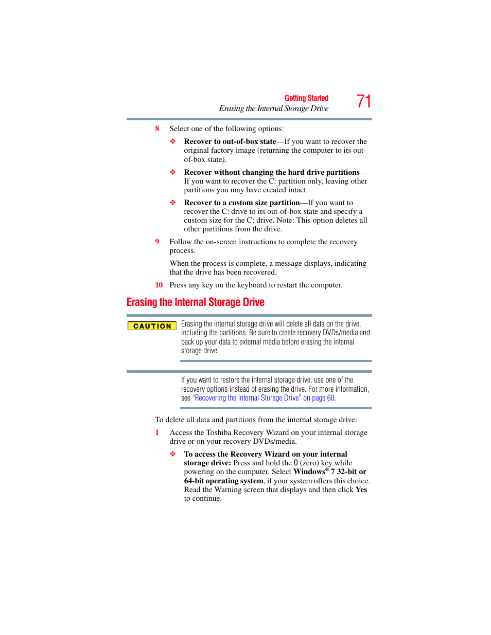 Erasing the internal storage drive | Toshiba SATELLITE A500 User Manual | Page 71 / 248