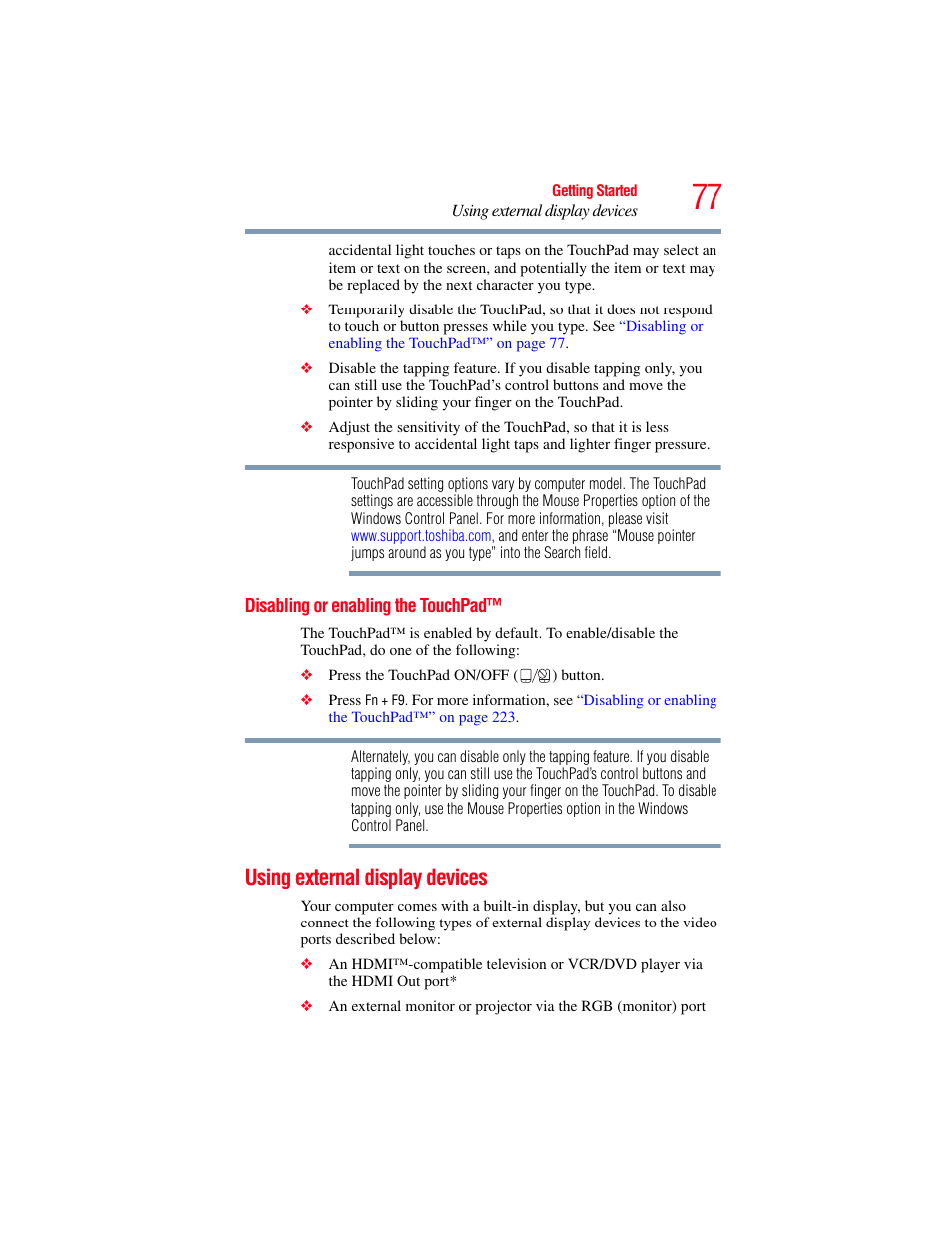 Disabling or enabling the touchpad, Using external display devices, Using external display | Toshiba SATELLITE A500 User Manual | Page 77 / 248