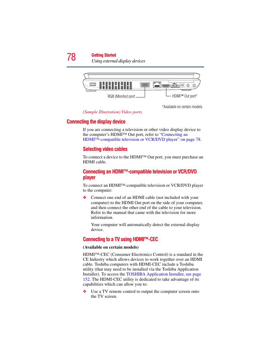 Connecting the display device | Toshiba SATELLITE A500 User Manual | Page 78 / 248