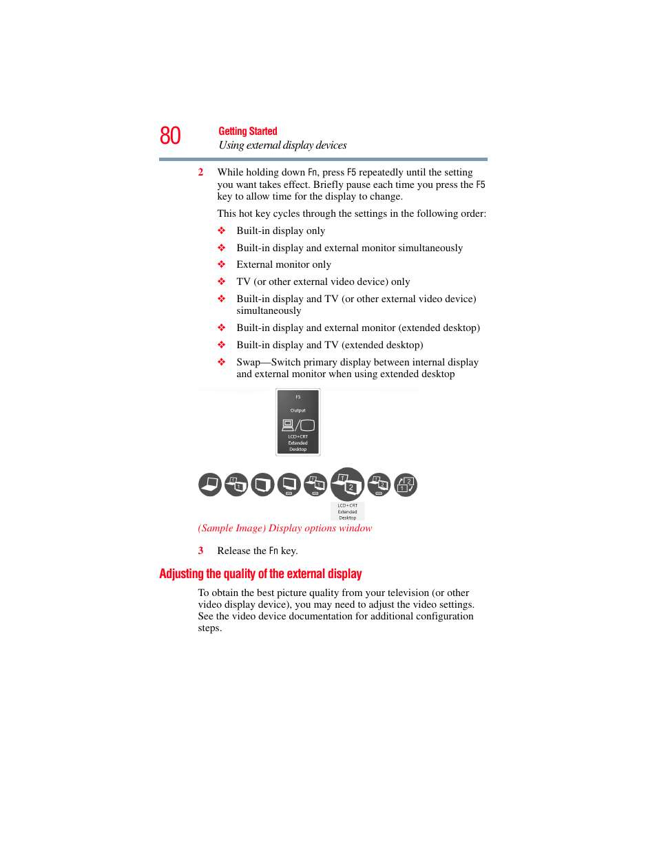 Adjusting the quality of the external display | Toshiba SATELLITE A500 User Manual | Page 80 / 248