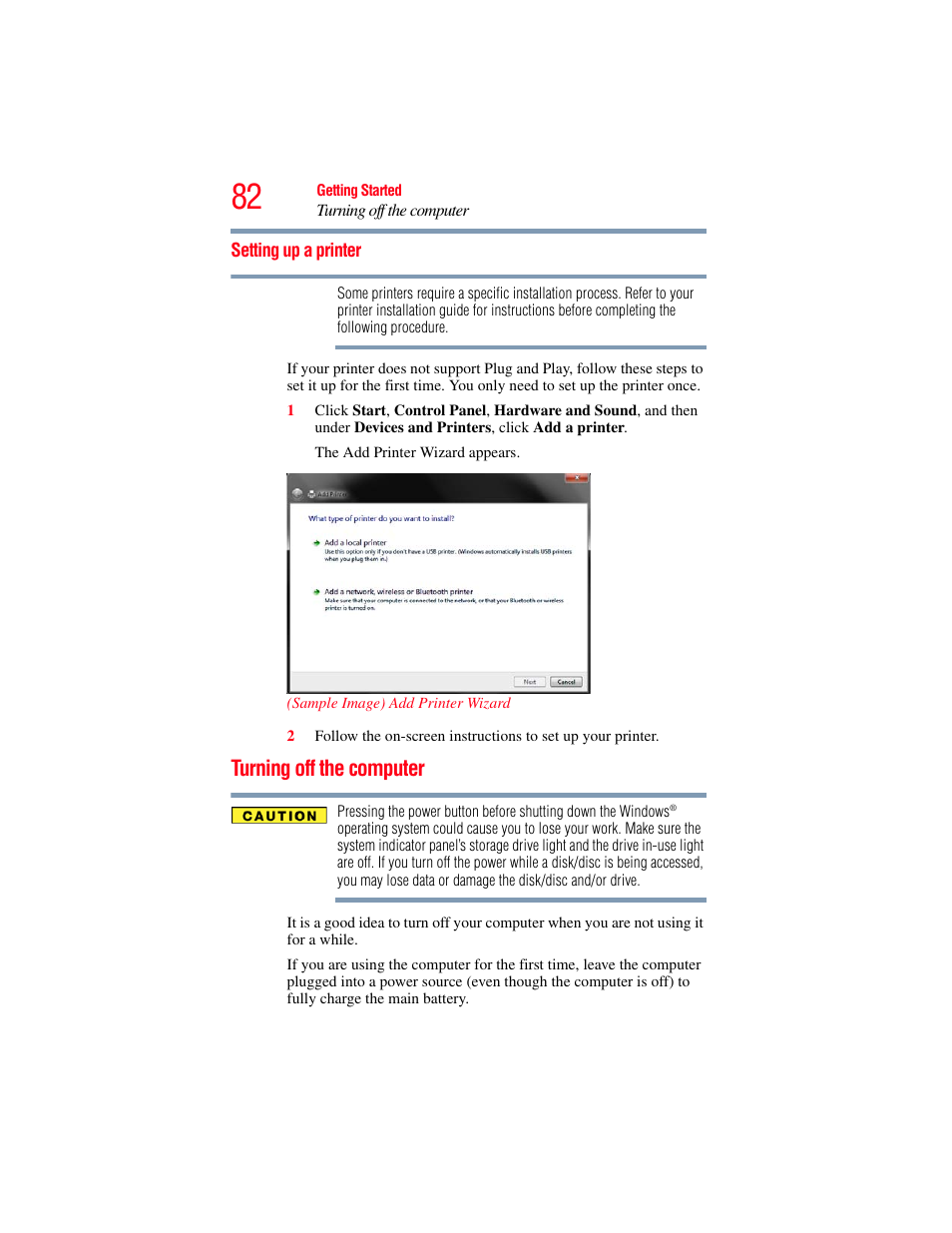 Setting up a printer, Turning off the computer | Toshiba SATELLITE A500 User Manual | Page 82 / 248