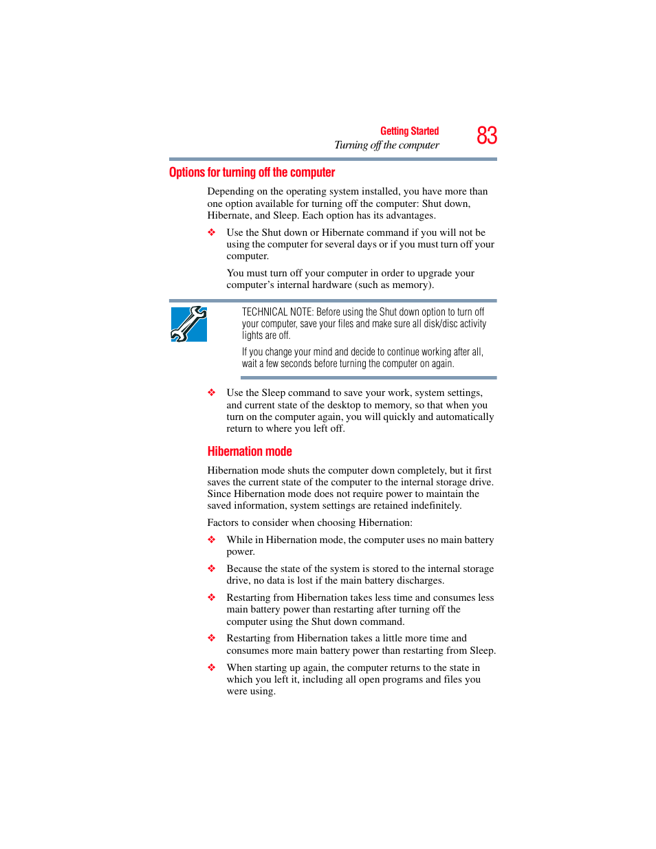 Options for turning off the computer | Toshiba SATELLITE A500 User Manual | Page 83 / 248