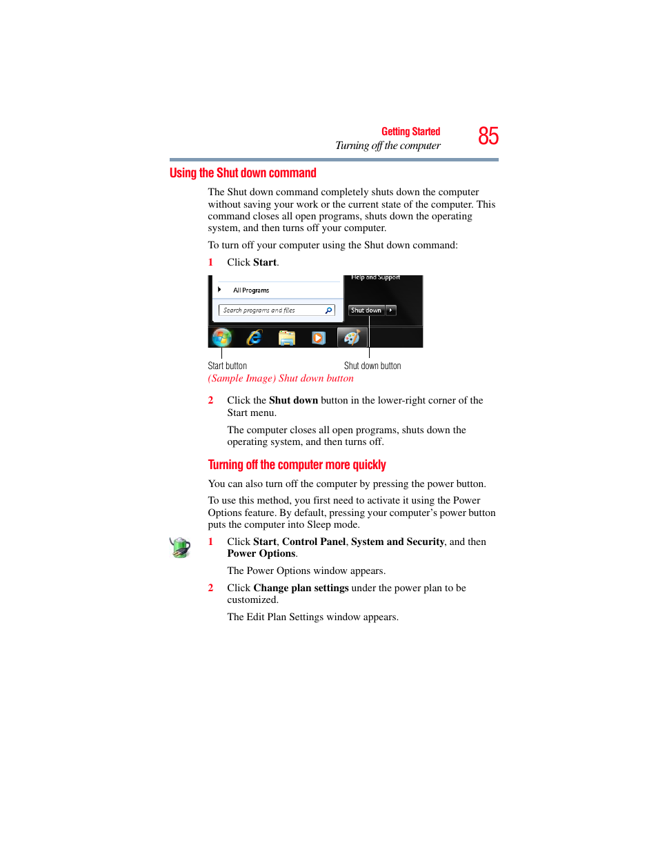 Using the shut down command | Toshiba SATELLITE A500 User Manual | Page 85 / 248