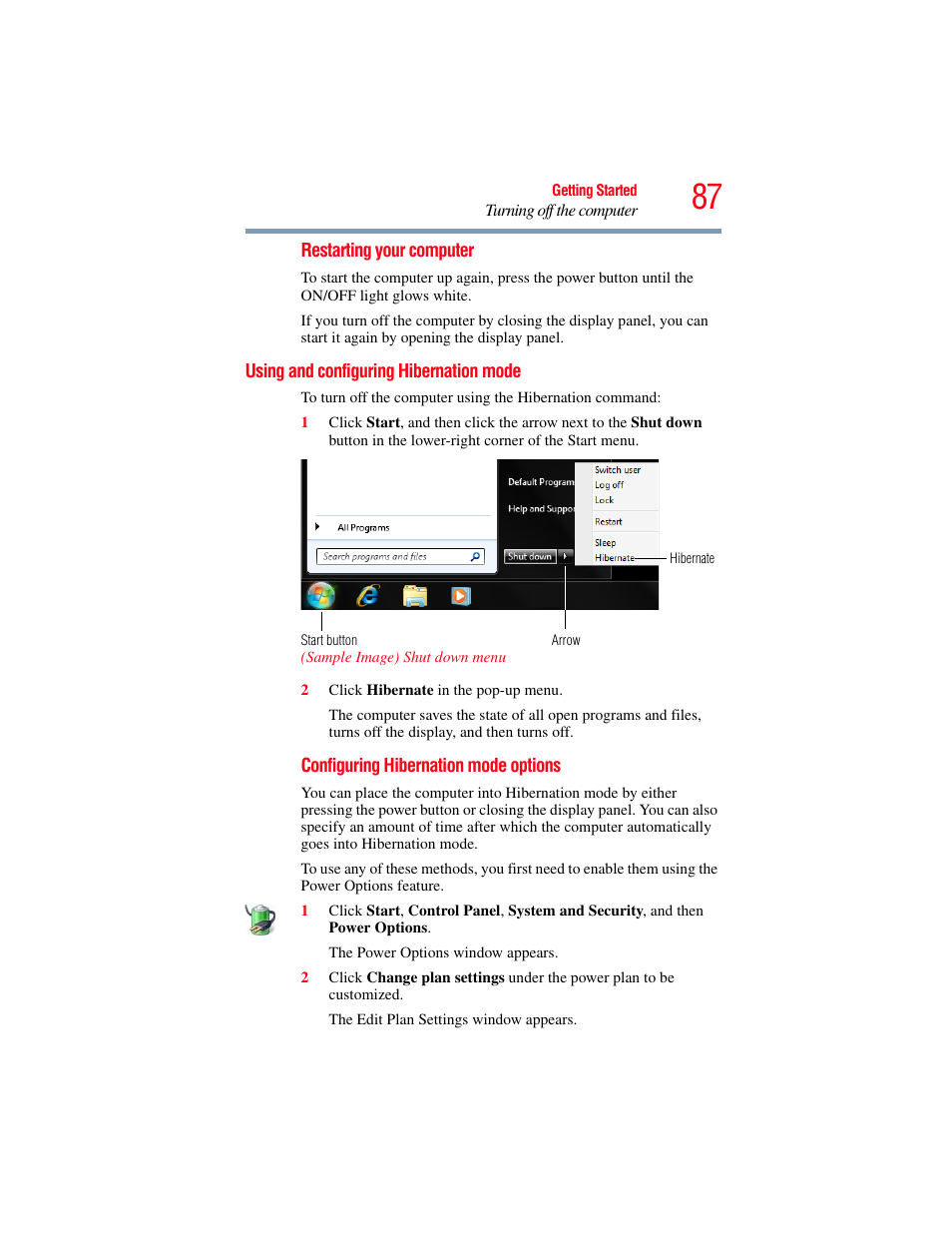 Using and configuring hibernation mode | Toshiba SATELLITE A500 User Manual | Page 87 / 248