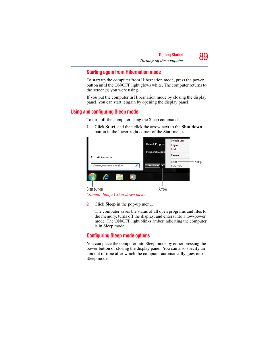 Using and configuring sleep mode | Toshiba SATELLITE A500 User Manual | Page 89 / 248