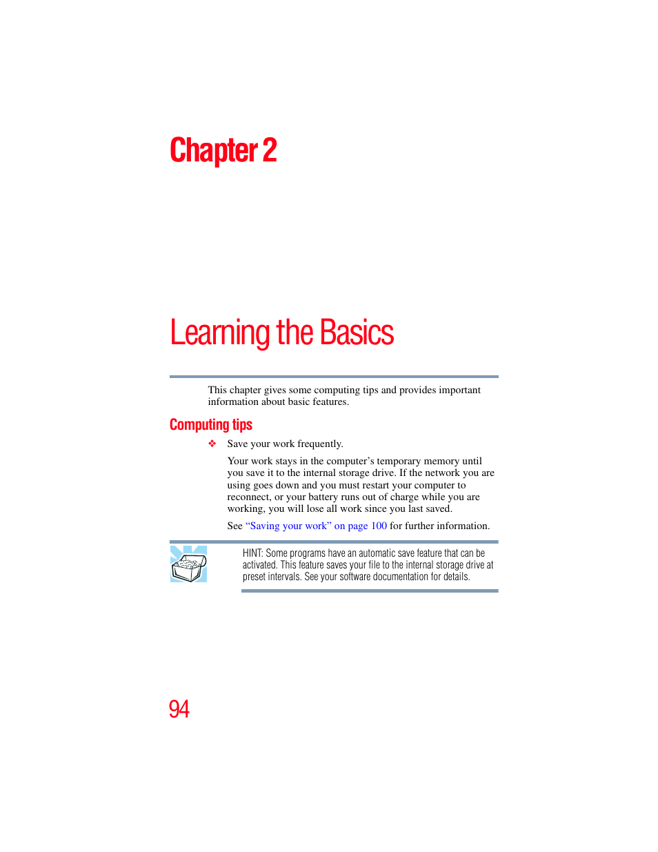 Chapter 2: learning the basics, Computing tips, Learning the basics | Chapter 2 | Toshiba SATELLITE A500 User Manual | Page 94 / 248
