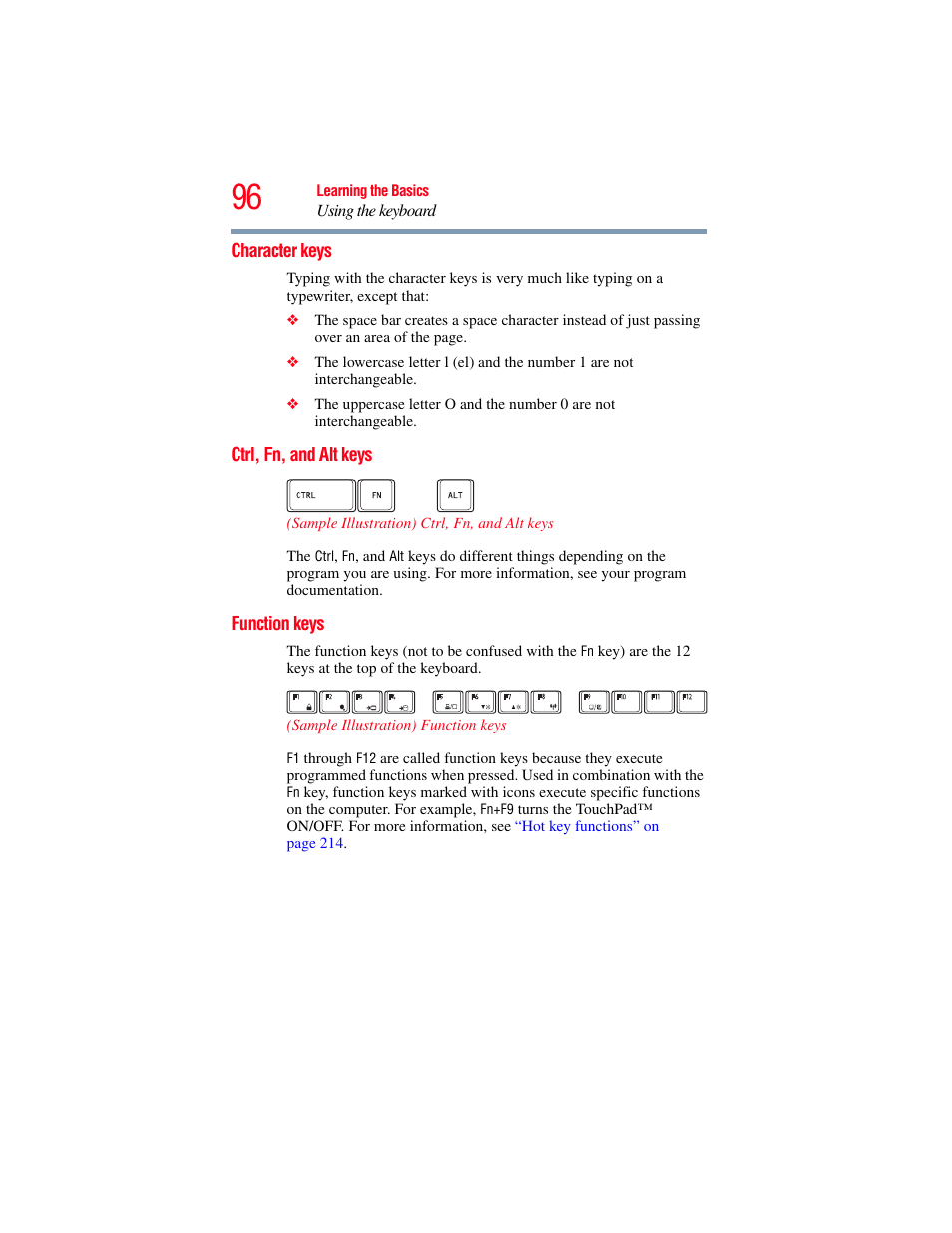 Character keys, Ctrl, fn, and alt keys, Function keys | Toshiba SATELLITE A500 User Manual | Page 96 / 248