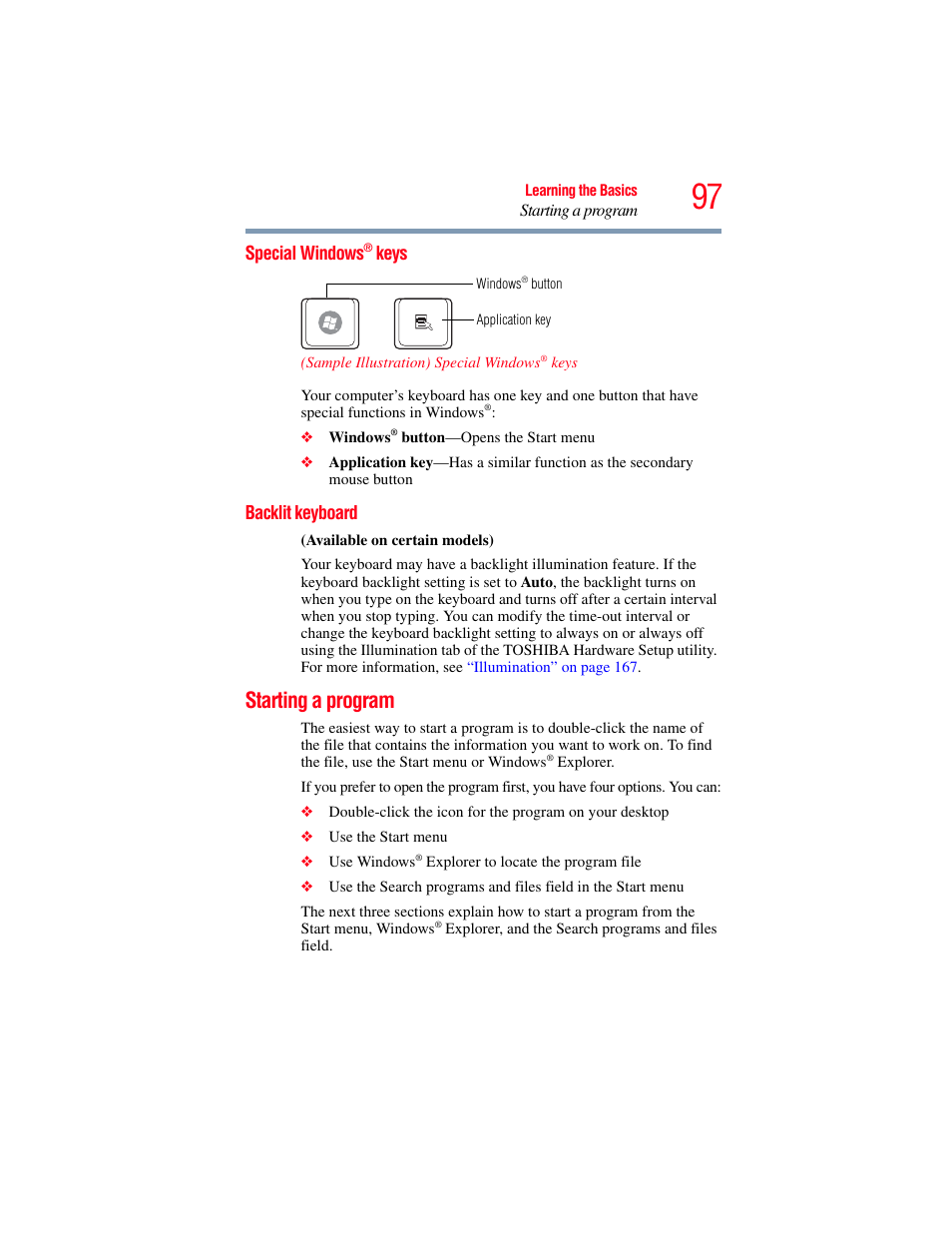 Special windows® keys, Backlit keyboard, Starting a program | Special windows, Keys | Toshiba SATELLITE A500 User Manual | Page 97 / 248