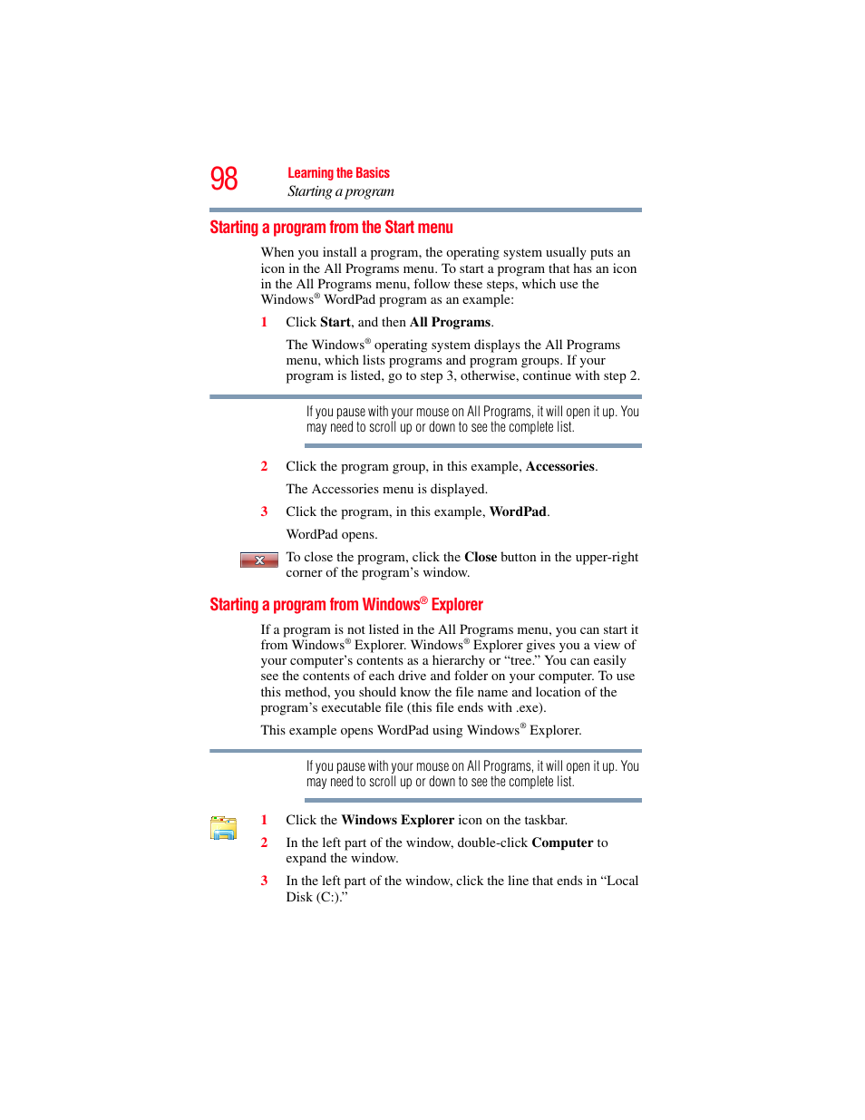 Starting a program from the start menu, Starting a program from windows® explorer, Explorer | Toshiba SATELLITE A500 User Manual | Page 98 / 248