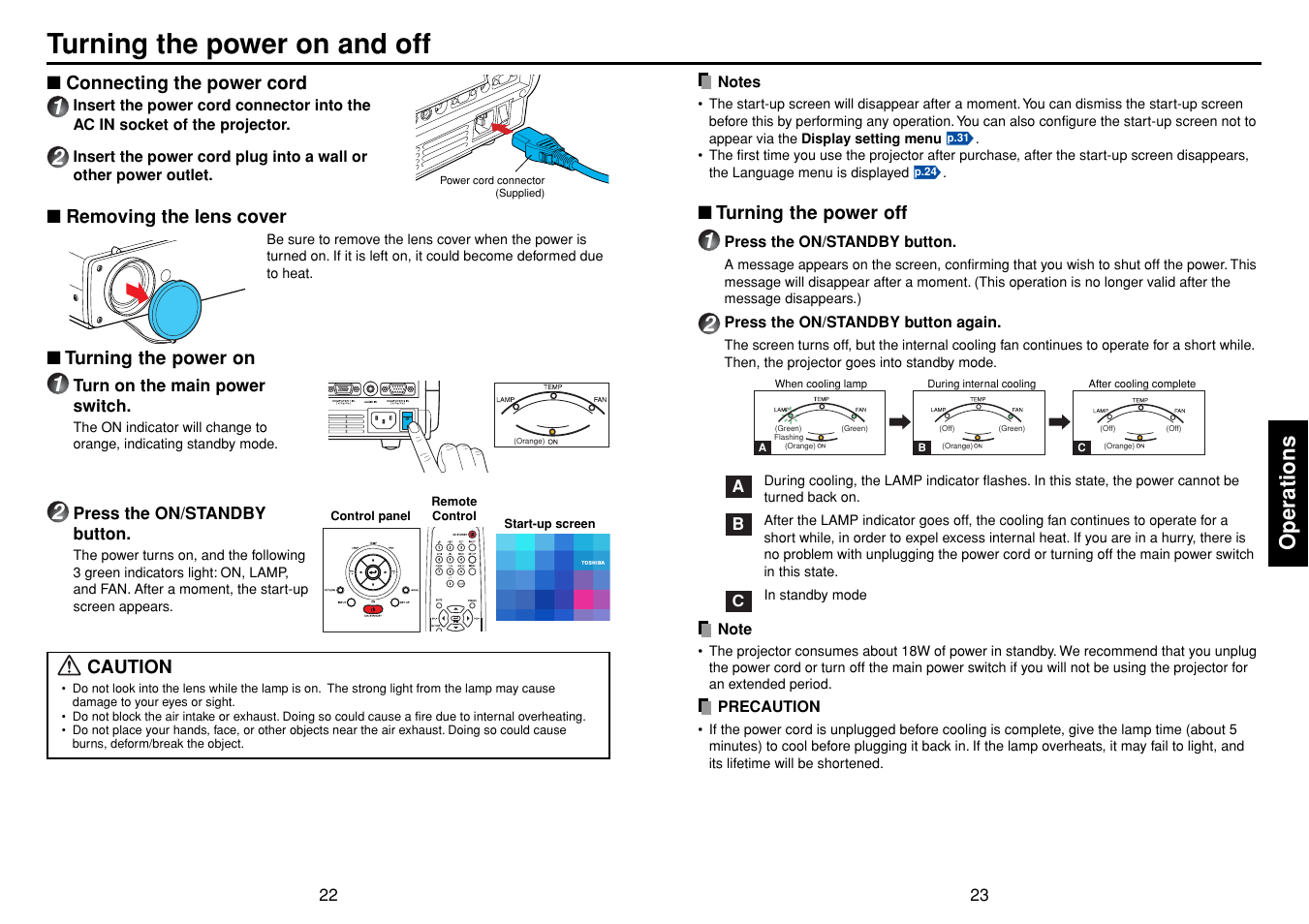 Operations, Turning the power on and off, P.22 | P.23 | Toshiba TLPLW3 User Manual | Page 12 / 37