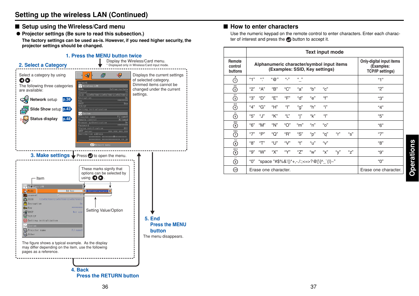 Setup using the wireless/card menu, How to enter characters, P.37 | P.36, Operations, Setting up the wireless lan (continued) | Toshiba TLPLW3 User Manual | Page 19 / 37