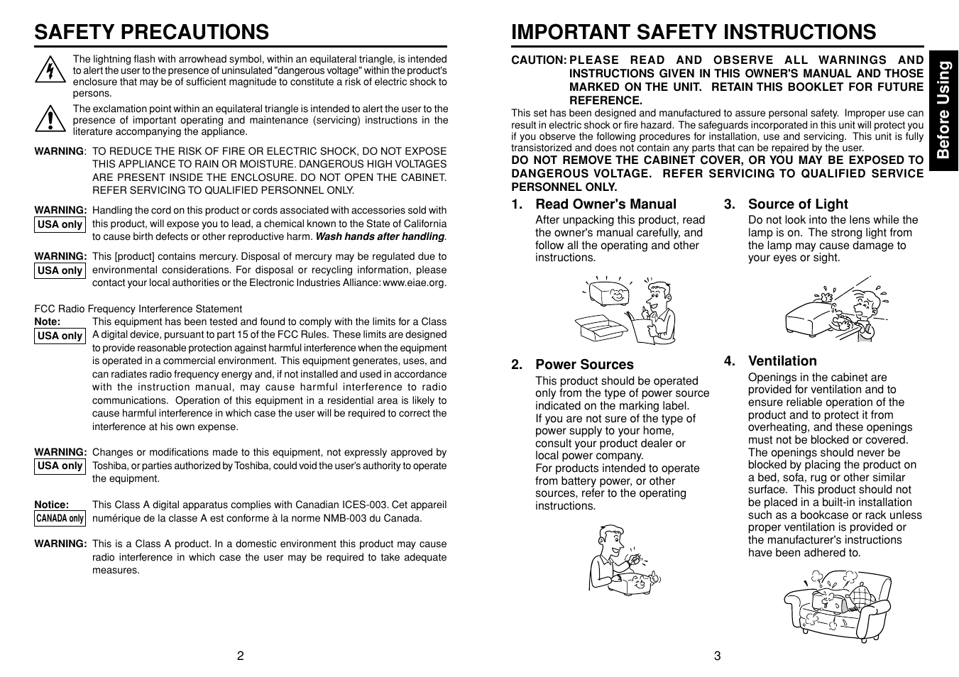 Before using, Safety precautions, Important safety instructions | Toshiba TLPLW3 User Manual | Page 2 / 37