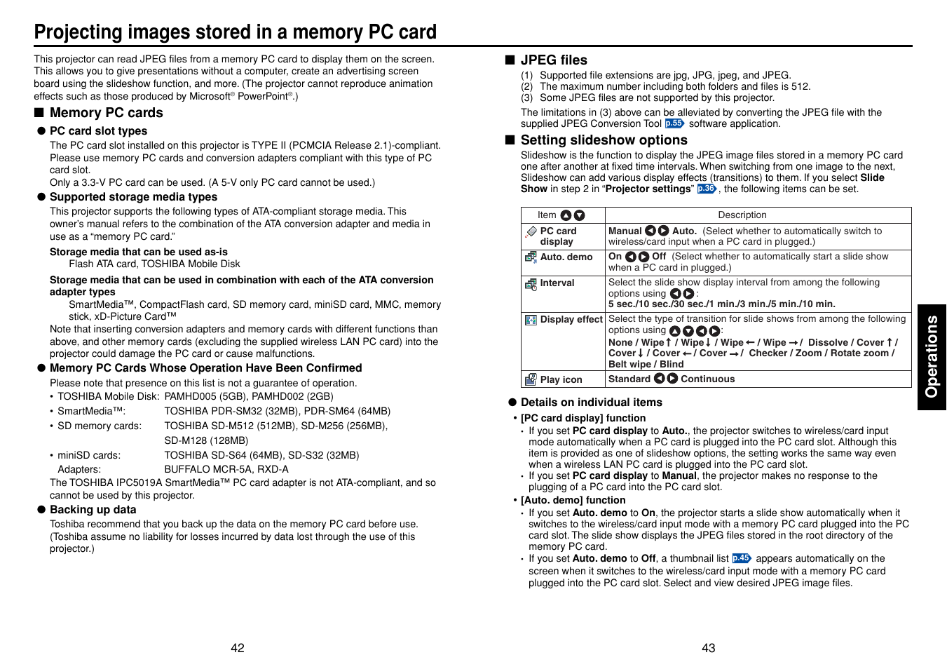 Projecting images stored in a memory pc card, Memory pc cards, Jpeg files | Setting slideshow options, P.42, Operations | Toshiba TLPLW3 User Manual | Page 22 / 37