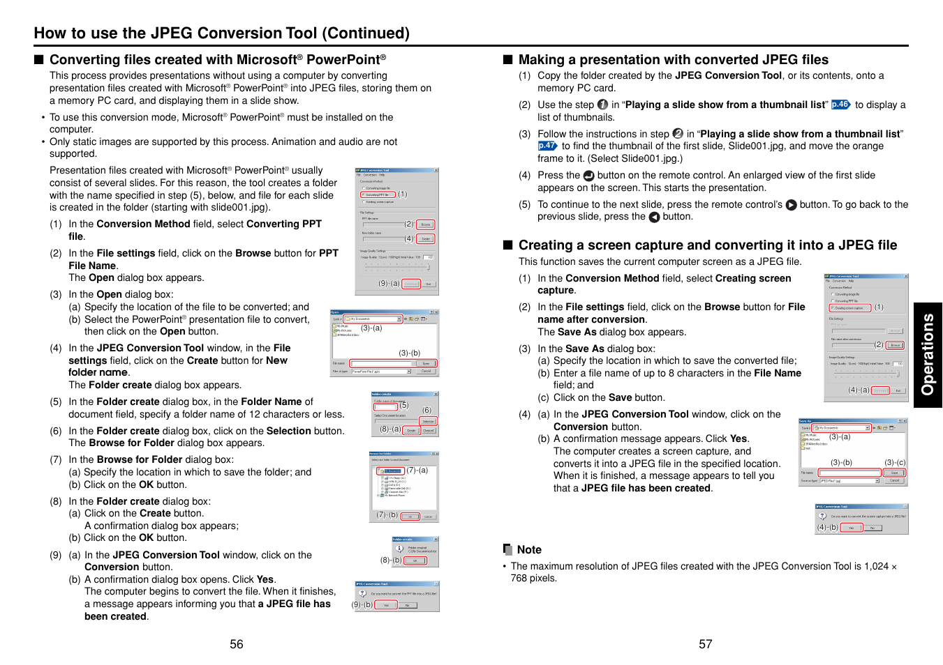 Making a presentation with converted jpeg files, Operations, How to use the jpeg conversion tool (continued) | Converting files created with microsoft, Powerpoint | Toshiba TLPLW3 User Manual | Page 29 / 37