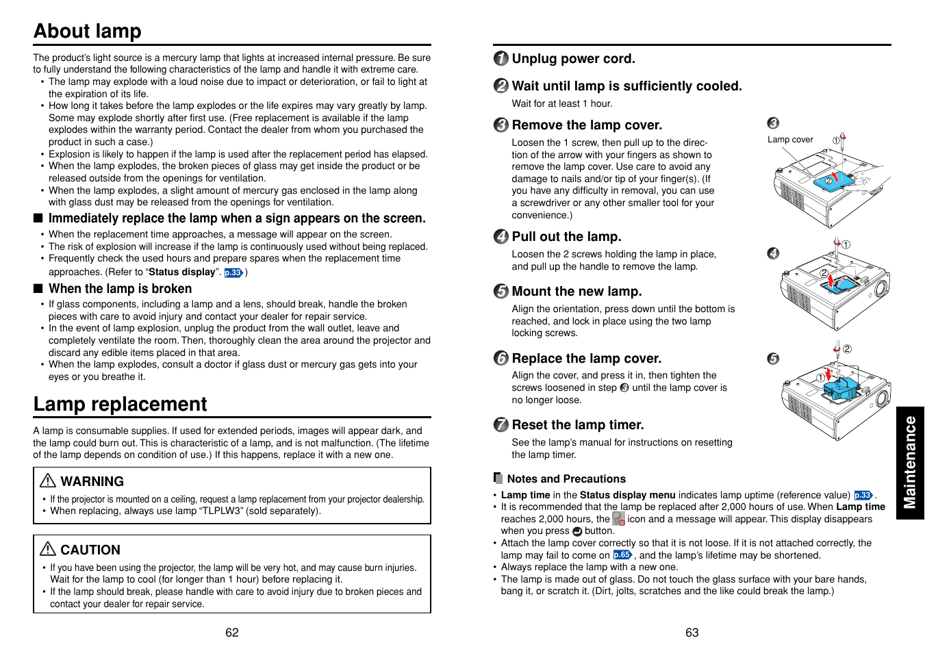 Maintenance, About lamp, Lamp replacement | P.63 | Toshiba TLPLW3 User Manual | Page 32 / 37