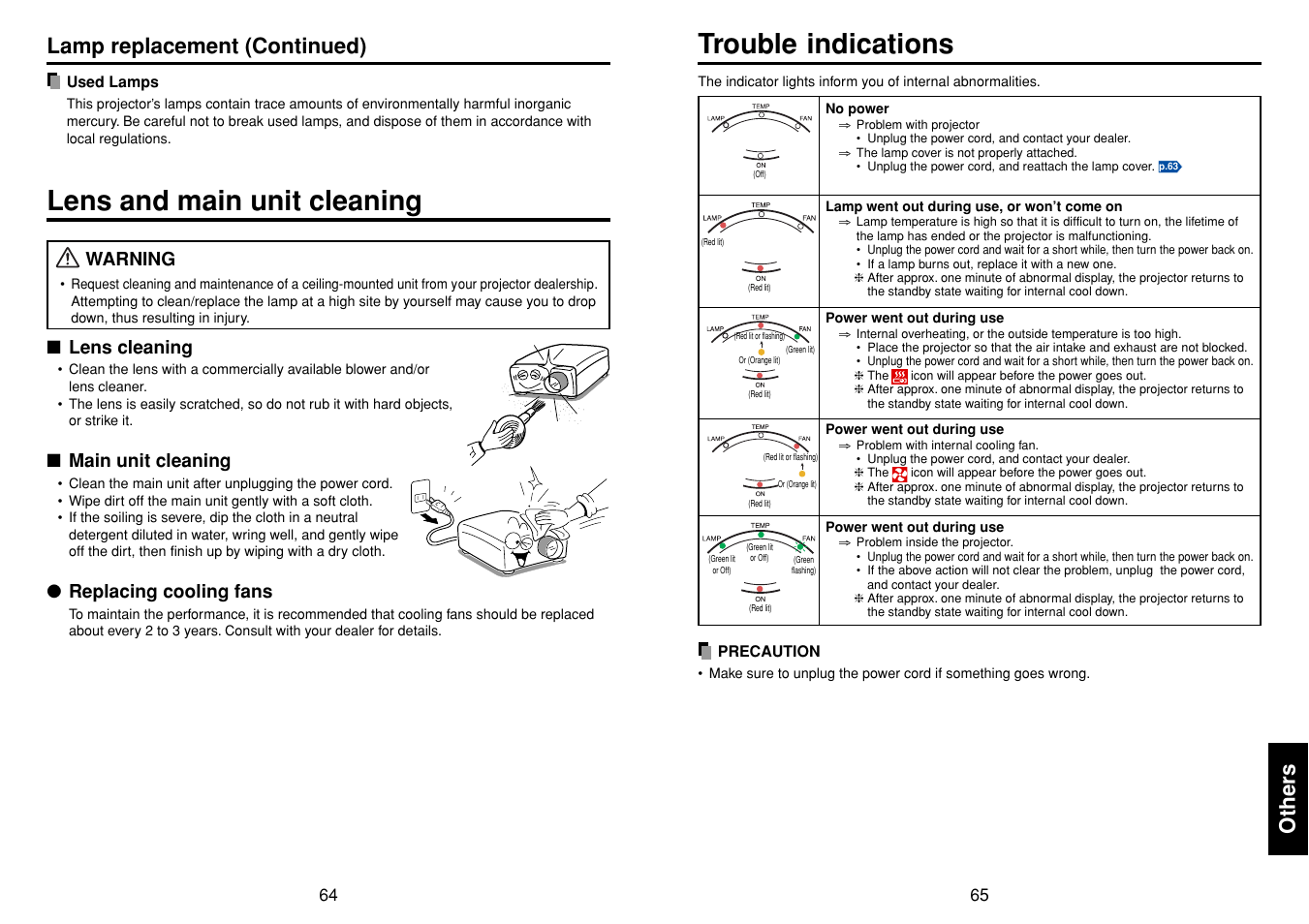 Lens and main unit cleaning, Others, Trouble indications | P.65, Lamp replacement (continued), Warning, Lens cleaning, Main unit cleaning, Replacing cooling fans | Toshiba TLPLW3 User Manual | Page 33 / 37