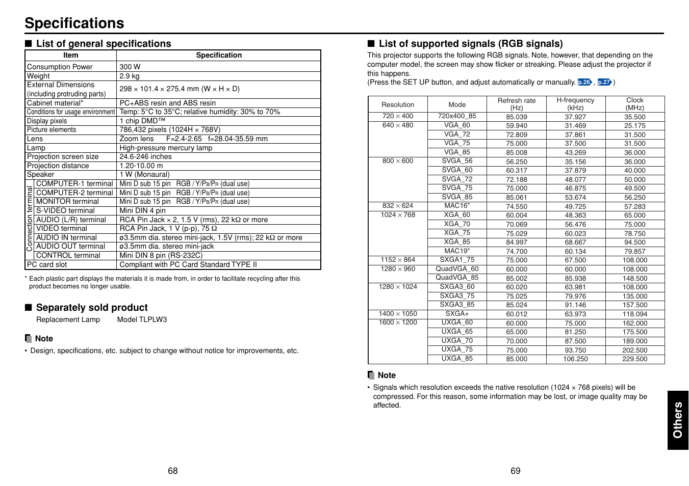 Specifications, List of general specifications, Separately sold product | List of supported signals (rgb signals), P.69, Others | Toshiba TLPLW3 User Manual | Page 35 / 37