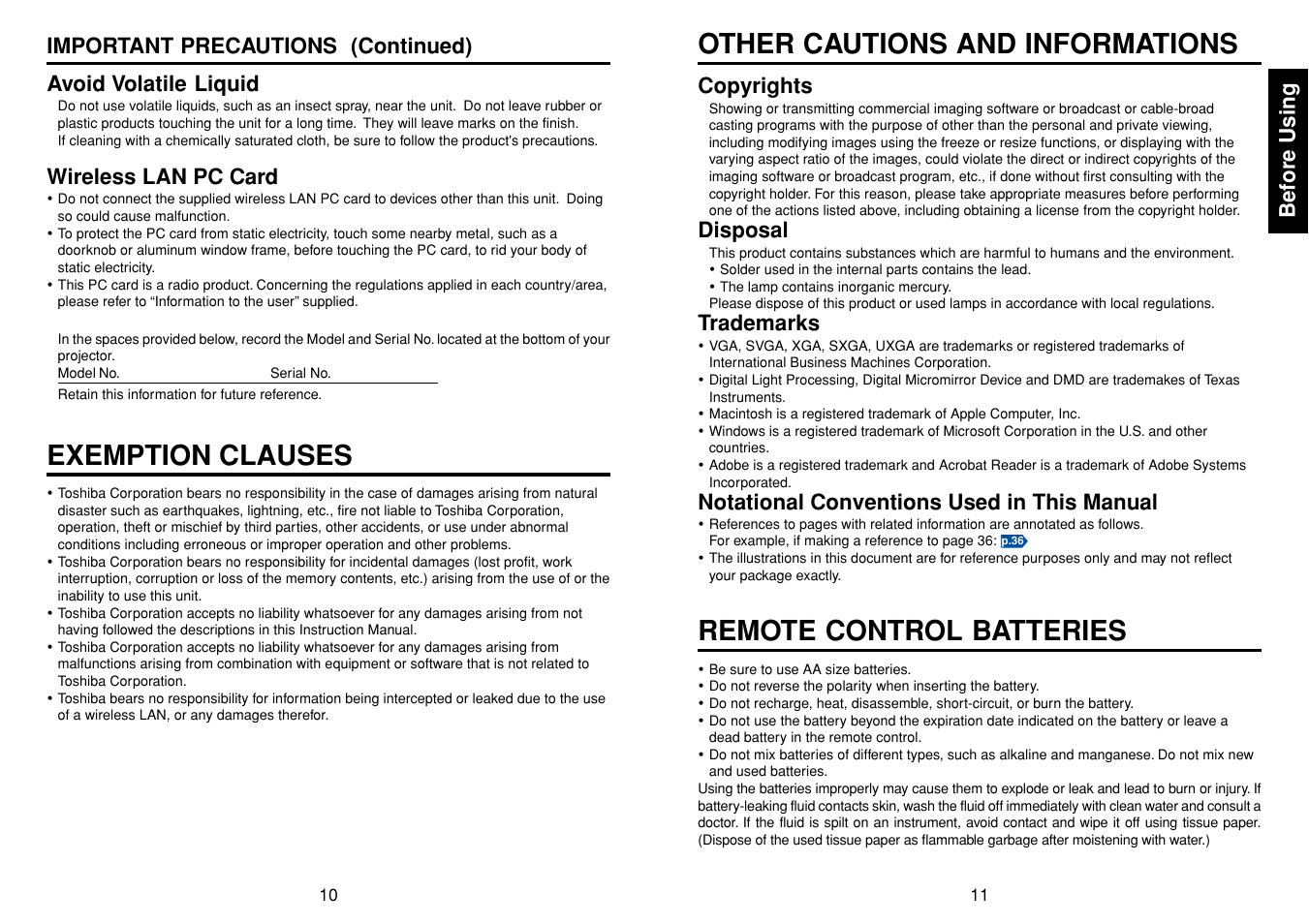 Exemption clauses, Other cautions and informations, Remote control batteries | Other cautions and informations exemption clauses, Before using, Copyrights, Disposal, Trademarks, Notational conventions used in this manual, Wireless lan pc card | Toshiba TLPLW3 User Manual | Page 6 / 37