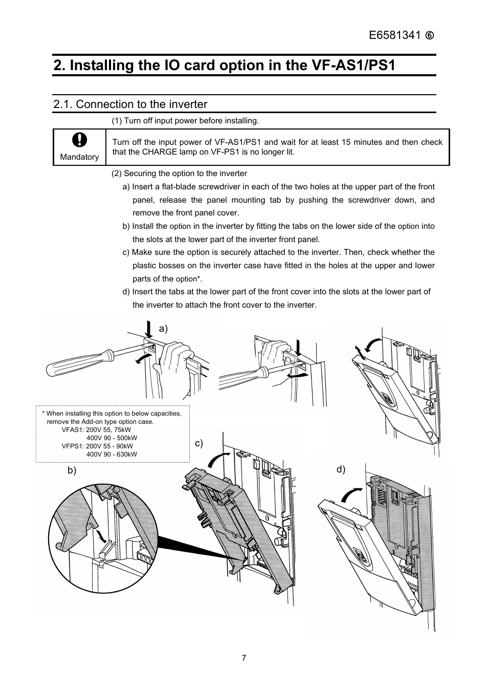 Installing the io card option in the vf-as1/ps1, Connection to the inverter | Toshiba ETB004Z User Manual | Page 8 / 18