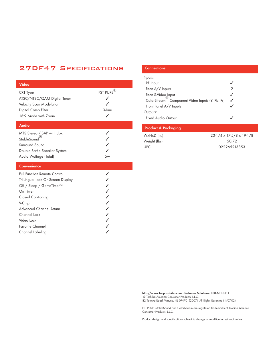 27df47 specifications | Toshiba 27DF47 User Manual | Page 2 / 2