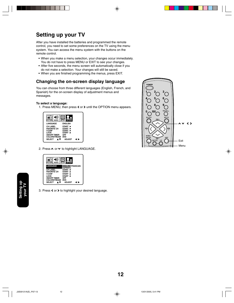Changing the on-screen display language, Setting up your tv | Toshiba 14AF45 User Manual | Page 12 / 32