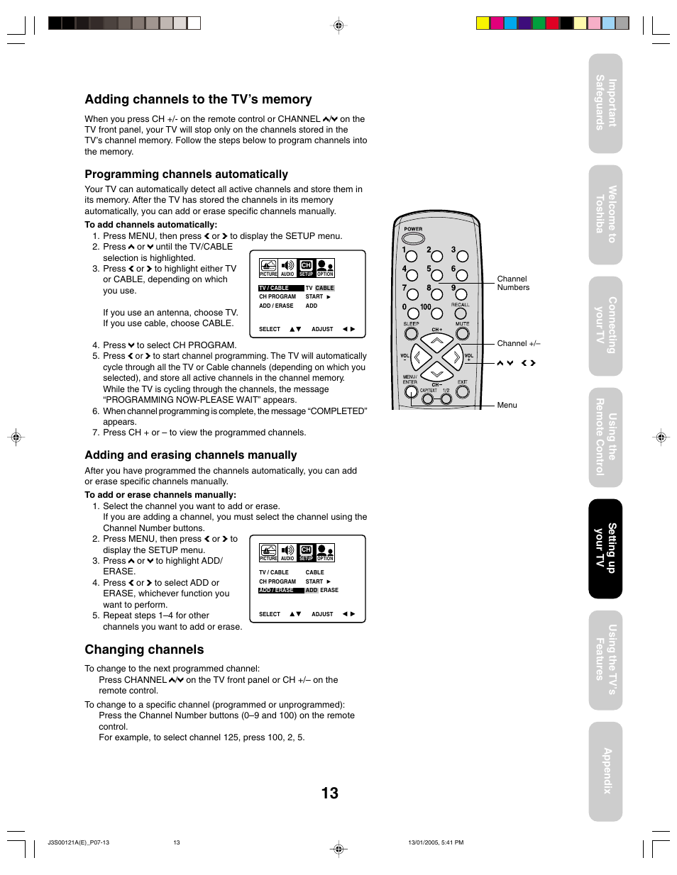 Changing channels, Programming channels automatically, Adding and erasing channels manually | Toshiba 14AF45 User Manual | Page 13 / 32