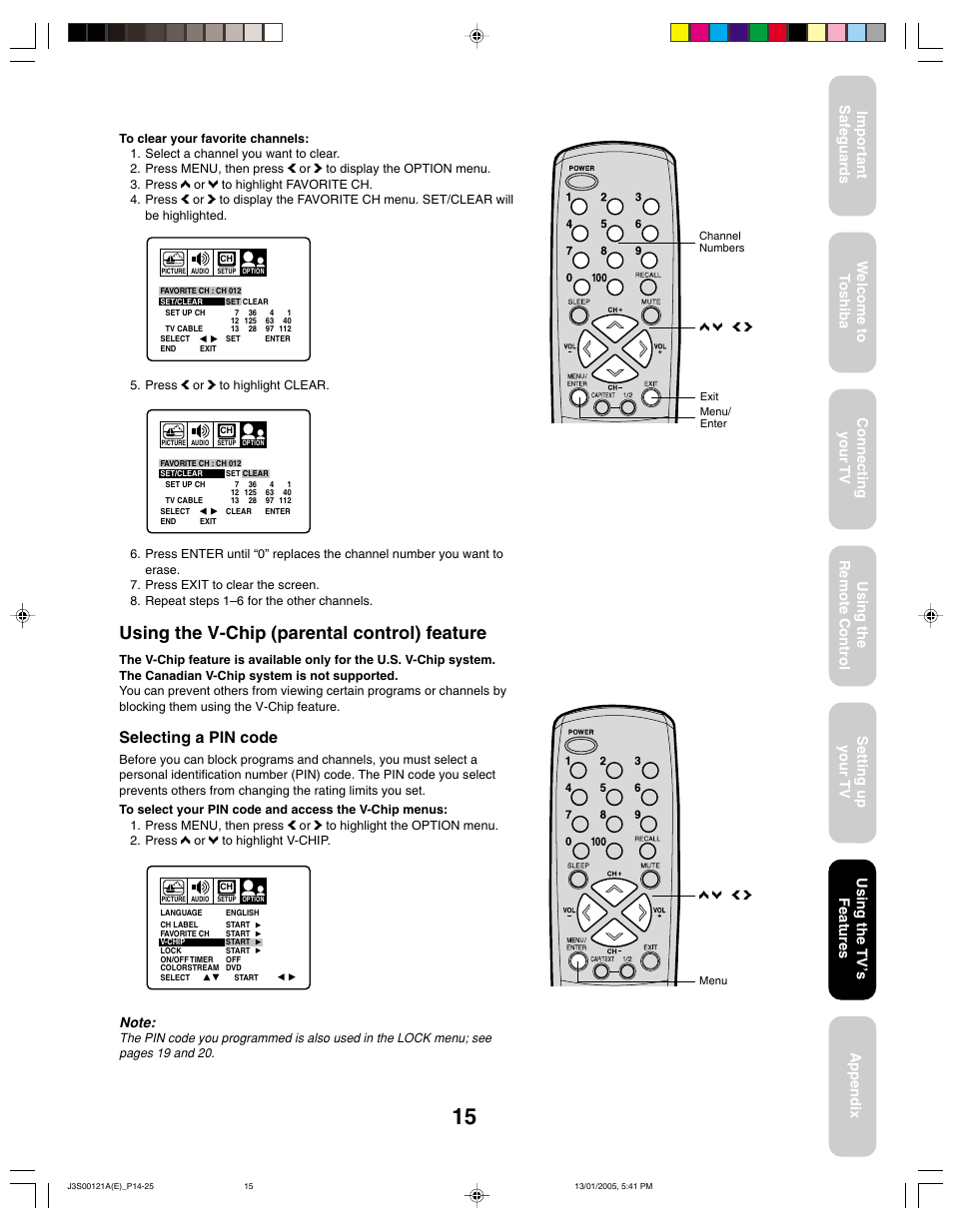 Using the v-chip (parental control) feature, Selecting a pin code, Using the tv ’s features | Toshiba 14AF45 User Manual | Page 15 / 32