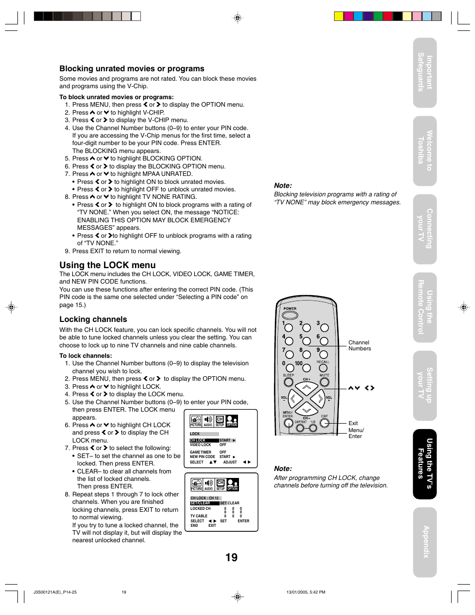 Using the lock menu, Blocking unrated movies or programs, Locking channels | Toshiba 14AF45 User Manual | Page 19 / 32