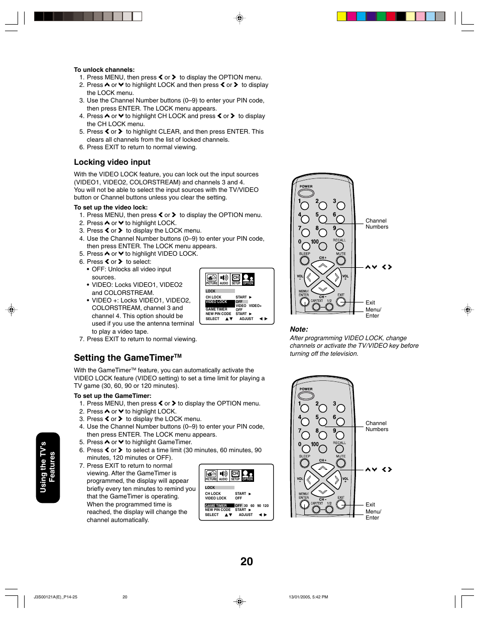 Setting the gametimer, Locking video input, Using the tv ’s features | Toshiba 14AF45 User Manual | Page 20 / 32