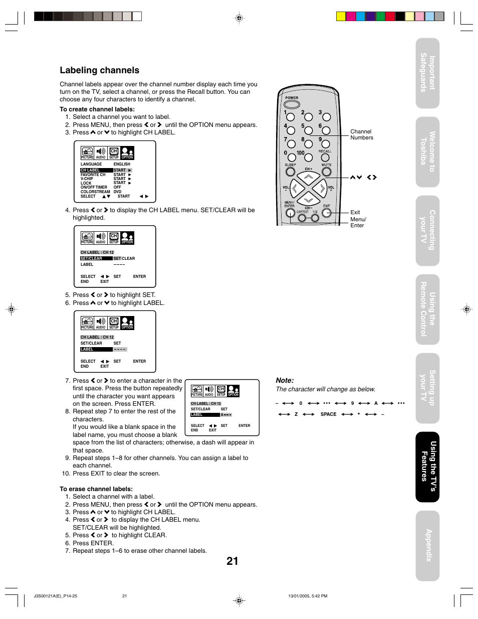 Labeling channels, Using the tv ’s features | Toshiba 14AF45 User Manual | Page 21 / 32