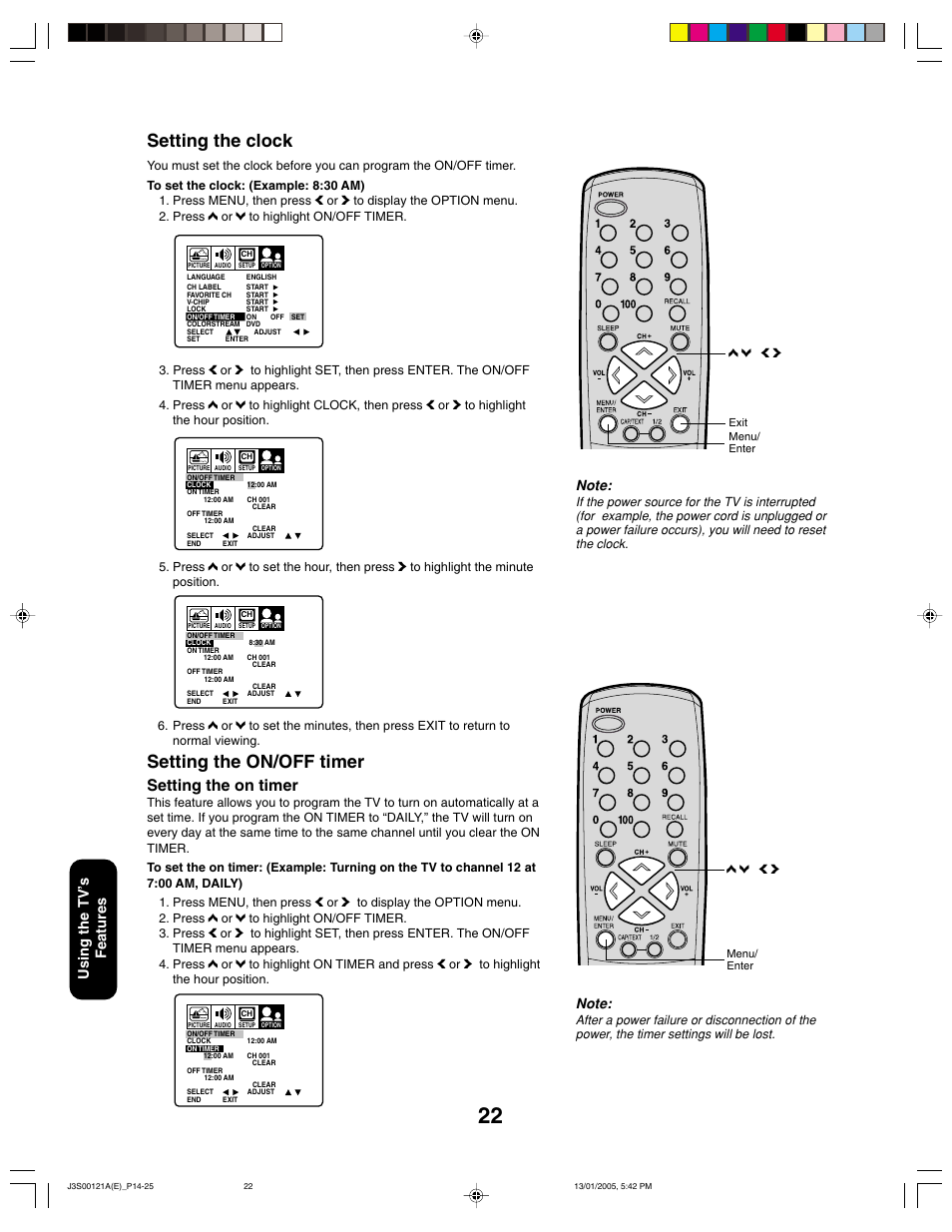 Setting the clock, Setting the on/off timer, Setting the on timer | Toshiba 14AF45 User Manual | Page 22 / 32