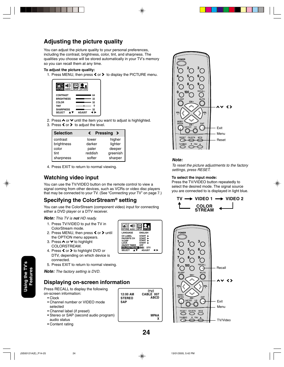 Adjusting the picture quality, Displaying on-screen information, Watching video input | Specifying the colorstream, Setting | Toshiba 14AF45 User Manual | Page 24 / 32