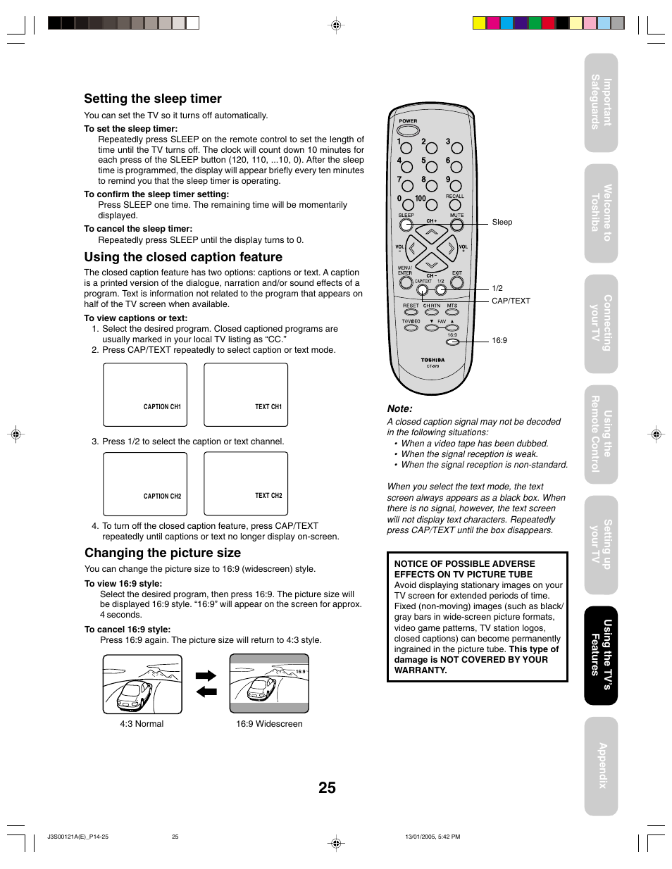 Setting the sleep timer, Using the closed caption feature, Changing the picture size | Toshiba 14AF45 User Manual | Page 25 / 32