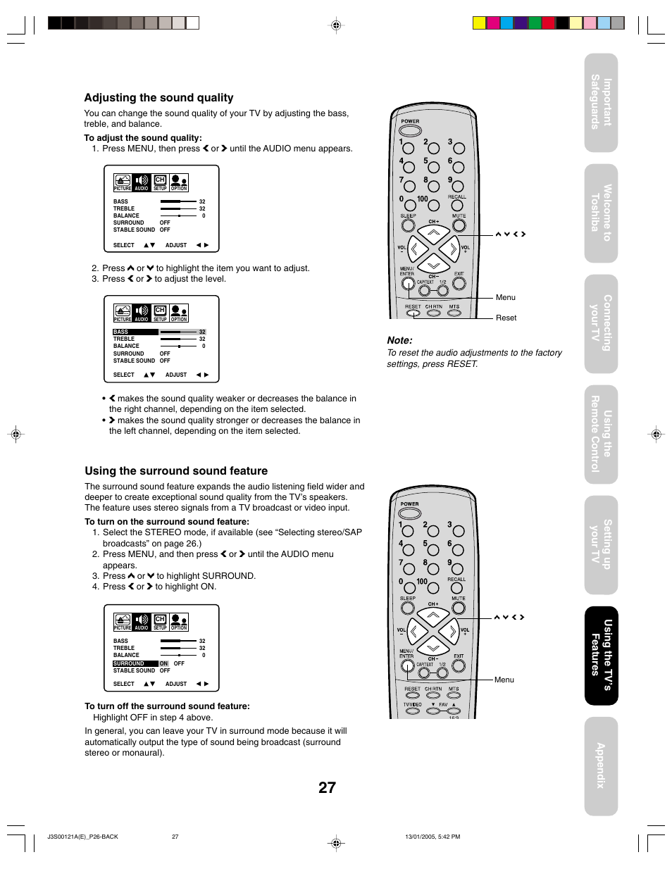 Adjusting the sound quality, Using the surround sound feature, Using the tv ’s features | Toshiba 14AF45 User Manual | Page 27 / 32