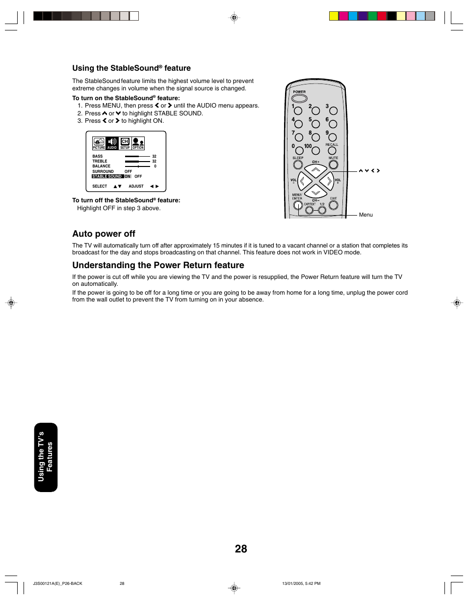 Auto power off, Understanding the power return feature, Using the stablesound | Feature, Using the tv ’s features | Toshiba 14AF45 User Manual | Page 28 / 32